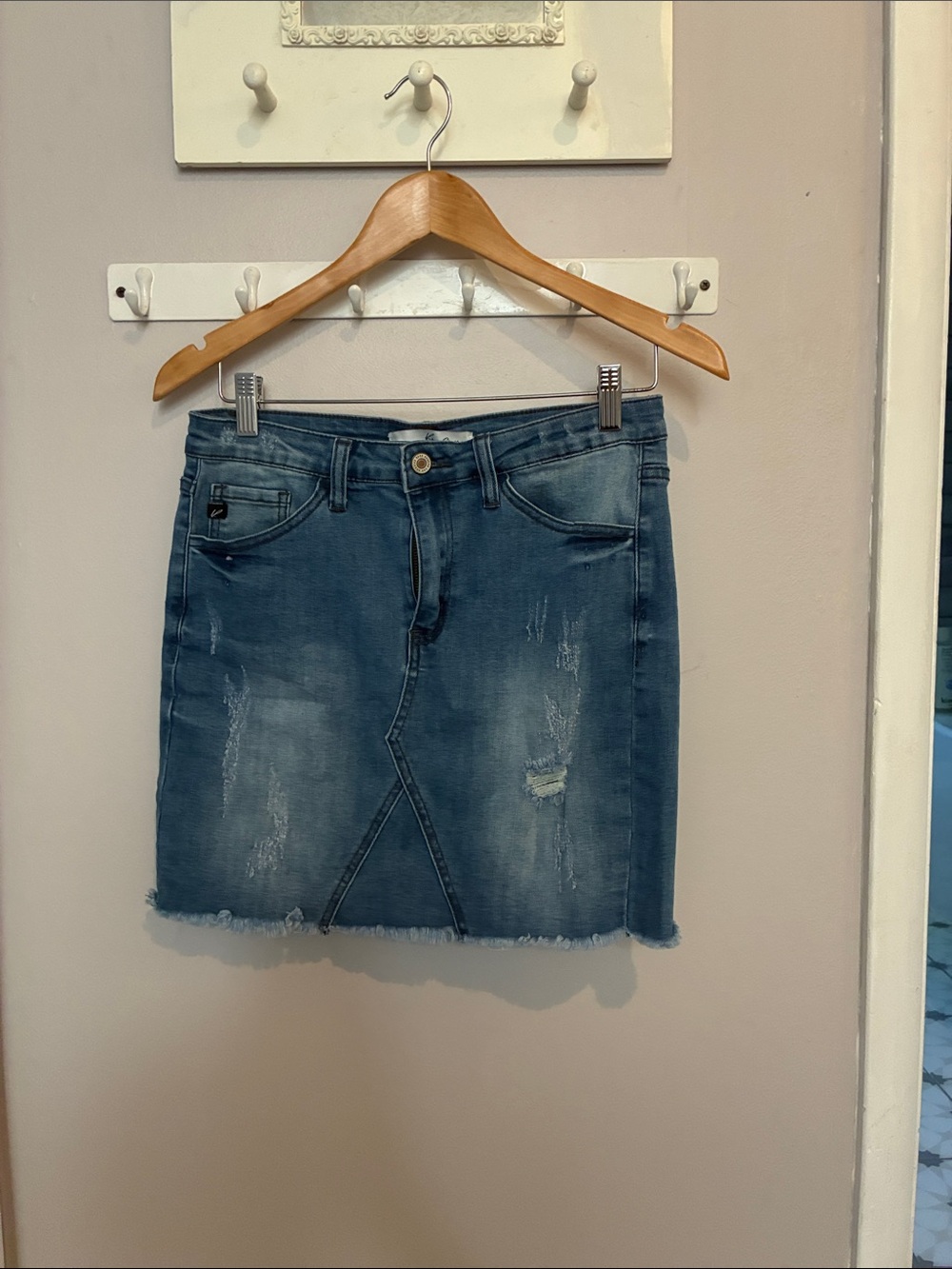 Denim Distressed Mini Skirt - Blue